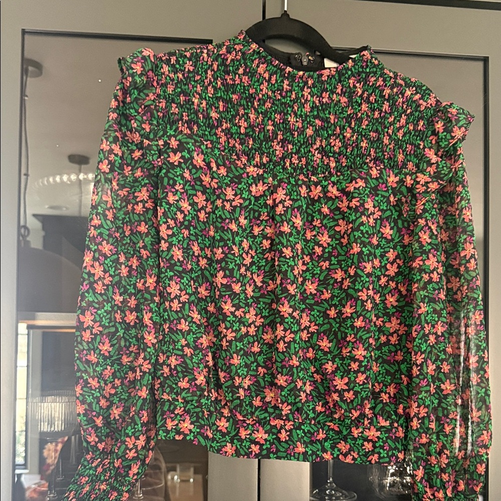Skies Are Blue Floral Smocked Blouse - Green and Pink